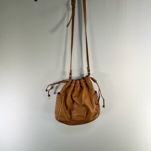 Casual Tan Leather Drawstring Crossbody Bag